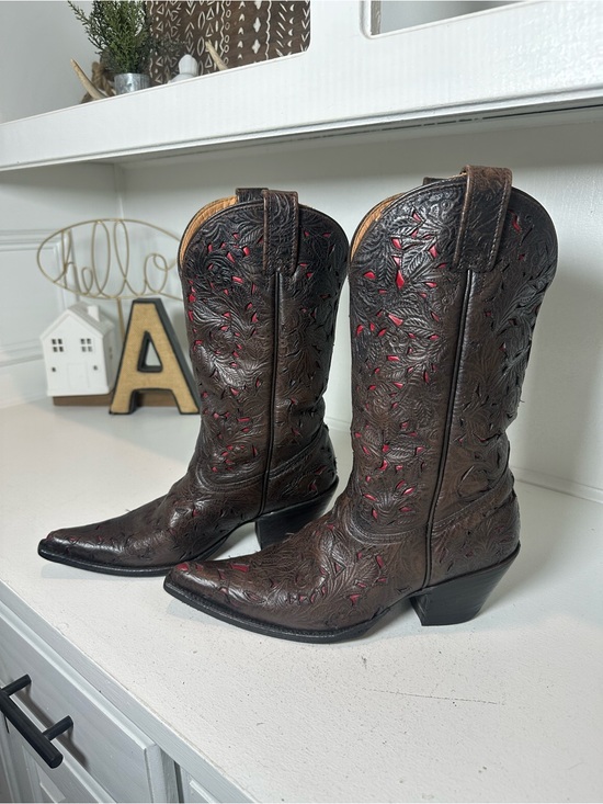 Stetson Shoes - Stetson Cowboy Boots Womens 6.5 Brown Leather Red Underlay Handmade Mexico